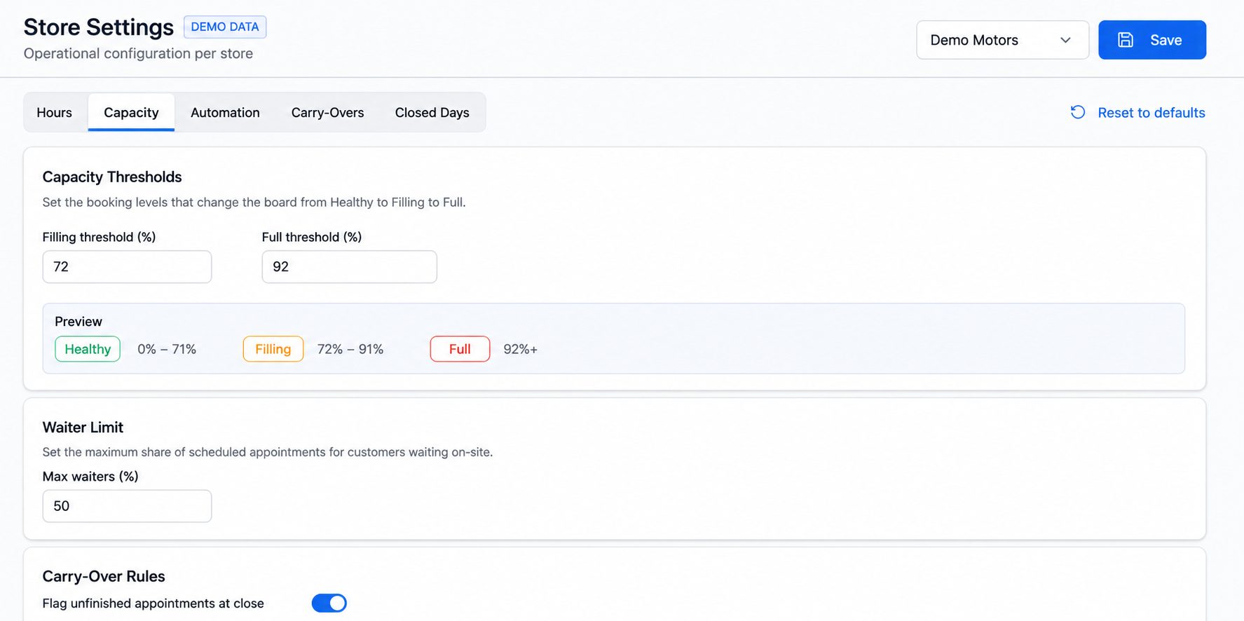 Dynamic Dispatch Capacity Controls screen using synthetic demo settings and values