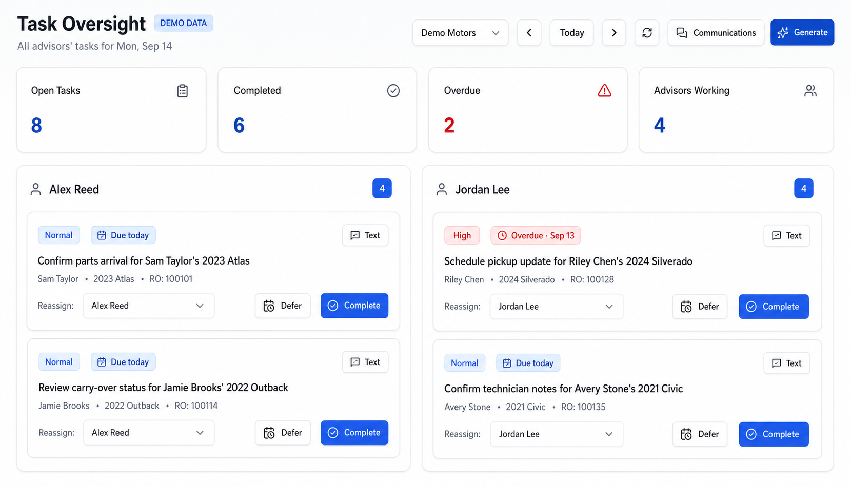 Dynamic Dispatch Task Oversight screen using synthetic demo advisors, customers, vehicles, tasks, and metrics